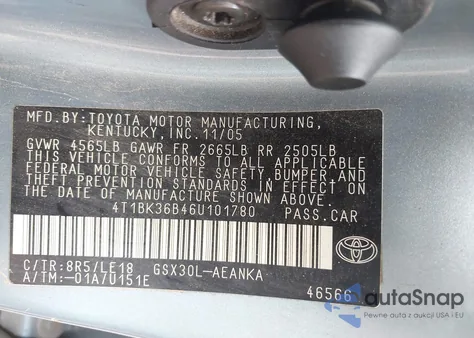 2006 Toyota Avalon Touring из США, поврежденный, VIN 4T1BK36B46U101780